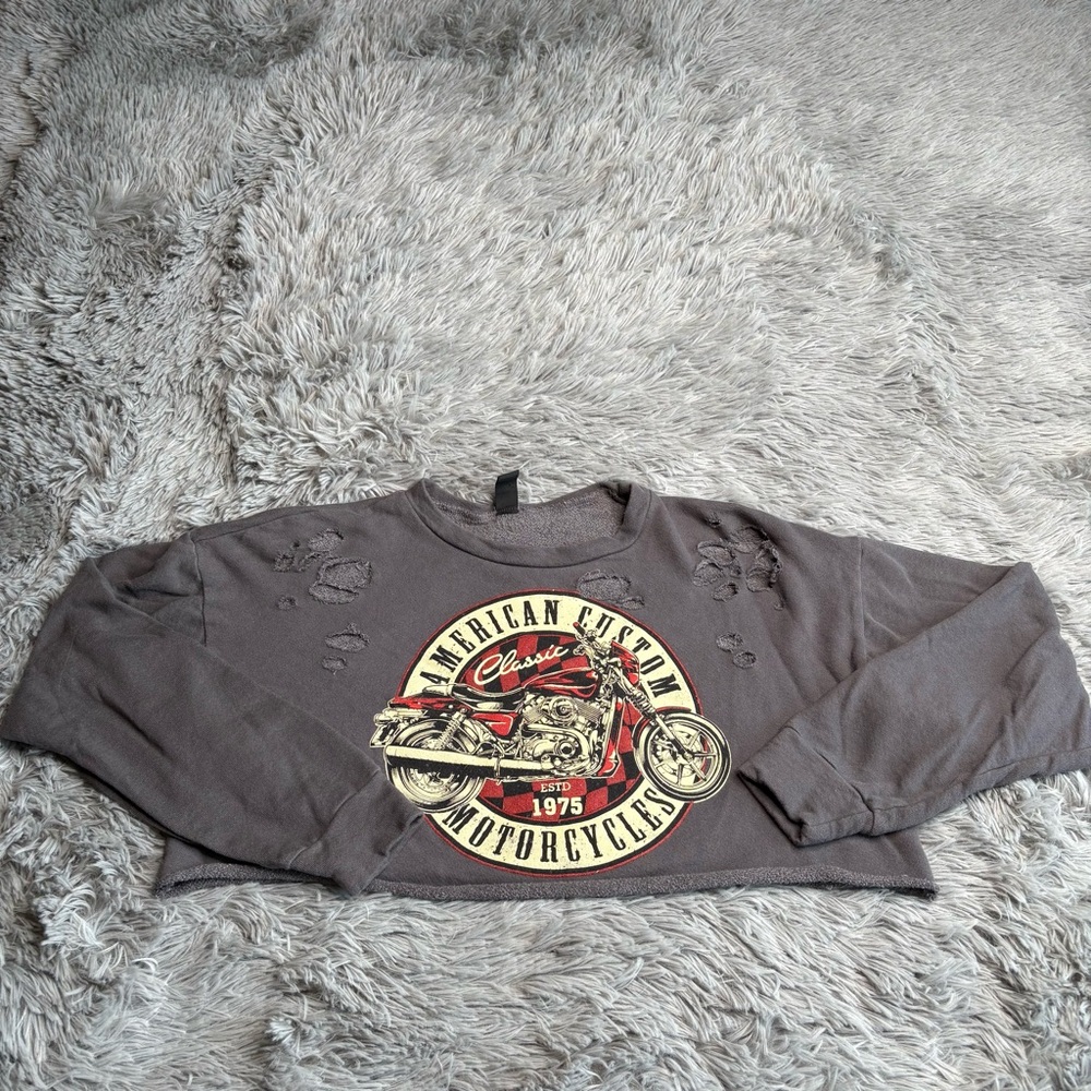 Windsor Sweatshirt Womens Small Gray American Custom Motorcycles Cropped Destroy